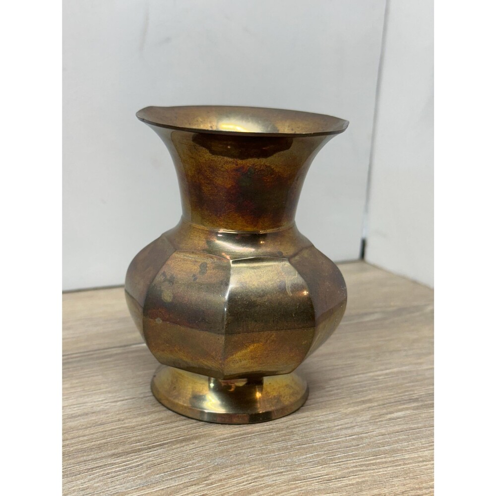 Vintage Heavy Brass Octagon Faceted Small Bud Vase Flared Rim Dark Academia 4x3"
